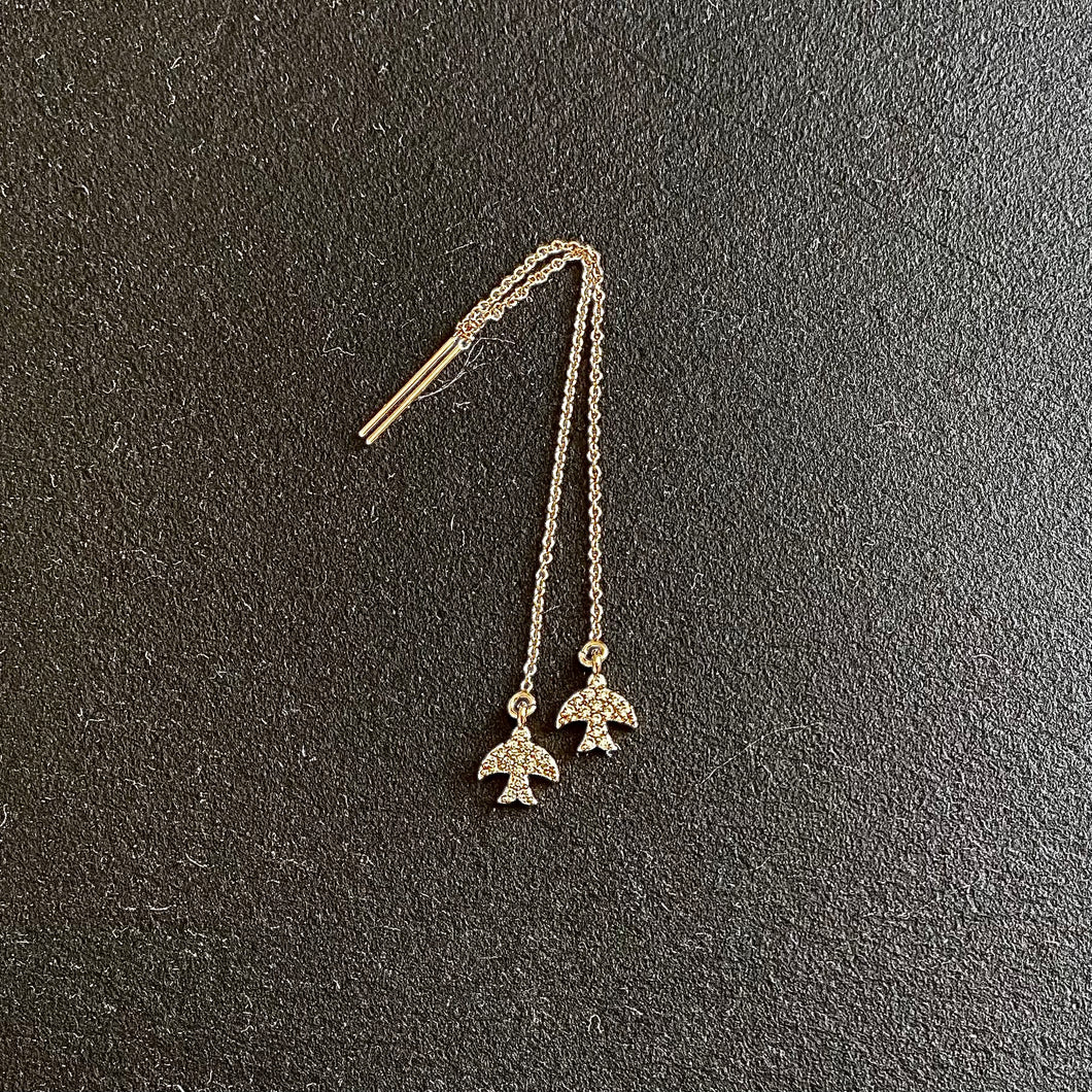 14k Gold Threader earrings with tiny sparkly swallow