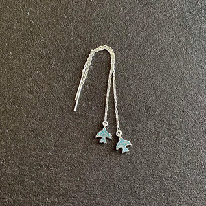 Sterling Silver threader earrings with tiny swallows set with turquoise stones